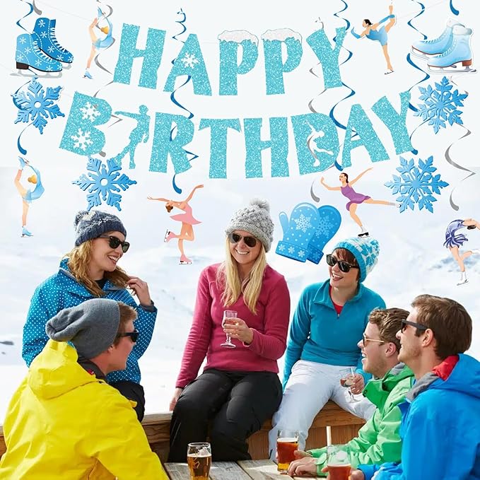 Zwiebeco Ice Skating Happy Birthday Banner Bunting Hanging Paper Swirls Garland Party Decorations for Baby Shower Winter Snowflake Themed Snow Princess Girls Women Bday Decor Accessories Supplies