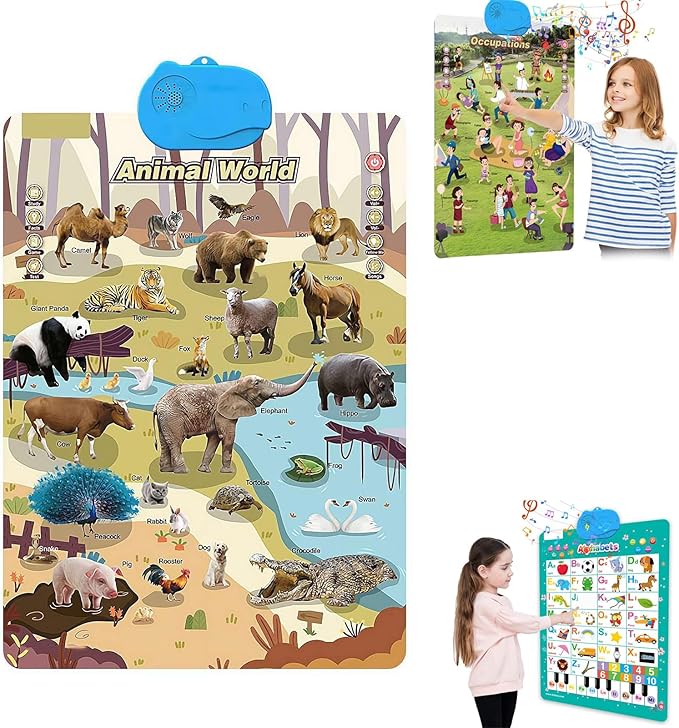 Electronic Alphabet Wall Chart,Kids Interactive Educational Wall Chart Talking Toy,Kids Learning Poster for Toddler Age 3 4 5+,Interactive Educational Toddler Toy, Xmas Birthday Gifts (Animal World)