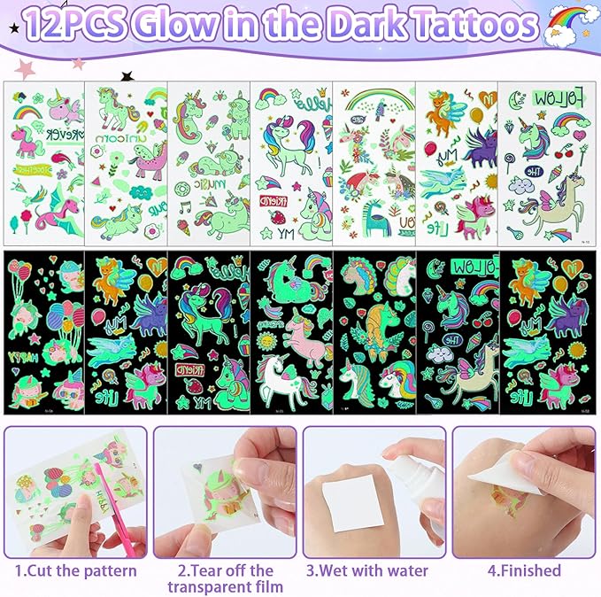 12 Sets Unicorn Party Favors Birthday Supplies for Girls Kid, Drawstring Bag Silicone Bracelet Tattoo Sticker Keychain Goodie Bag Stuffer Filler Unicorn Birthday Decorations Girls Party Favors