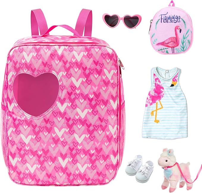 Ecore Fun 18 Inch Girl Doll Carrier Bag with Clothes and Accessories, Including Dress, White Cloth Shoes, Doll Backpack, Sunglasses, Toy Lamb