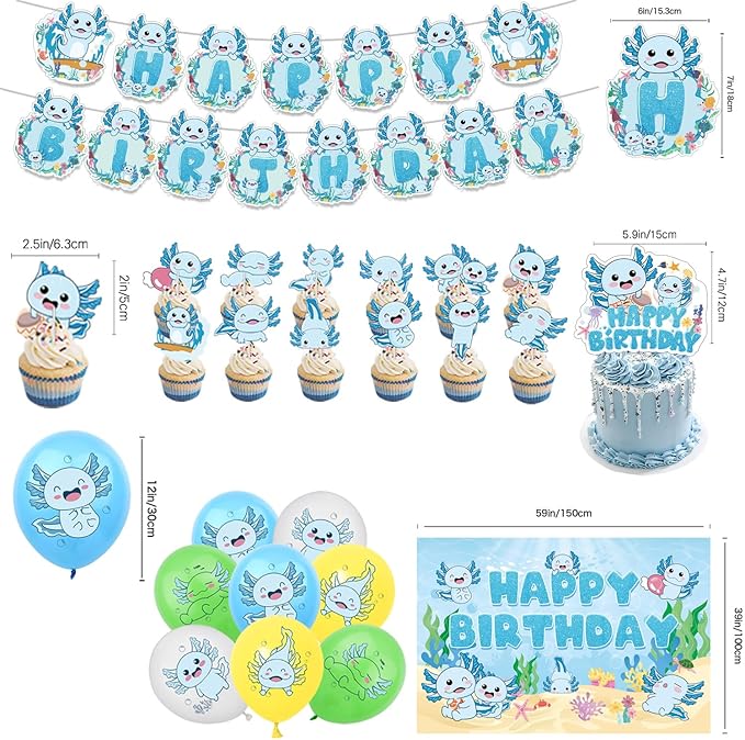 43Pcs Blue Axolotl Birthday Party Decorations Include Banner-Balloons-Cake Topper-Cupcake Toppers-Backdrop for Axolotl Birthday Party Supplies