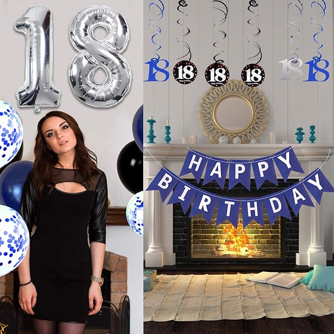 18th Birthday Decorations for Boys and Girls Dark Blue, HAPPY BIRTHDAY Banner Silver Number 18 Balloons, Deep Blue Theme Party for Him - 18 Years Old Birthday Party Supplies Kit for Her