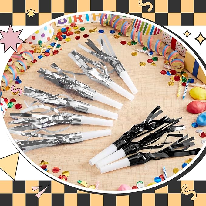 Sumind 24 Pcs Black and Silver Noise Makers Glitter Noise Makers Metallic Fringed Party Blowers for Adults Birthday Graduation Sporting Events 2026 New Years Party Favor Supplies