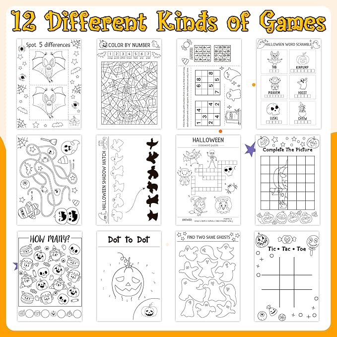 24Pcs Halloween Coloring Book Mini Game Color-in Pages Activity Book Set with Maze Crossword Puzzle Games Theme Party Favors Holiday Event Gift School Classroom Recreation Supplies for Kids