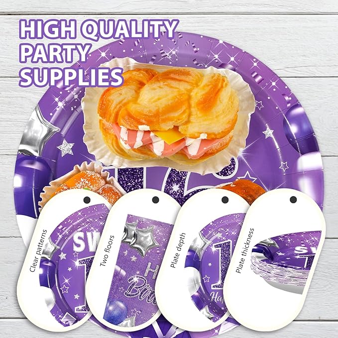Grencian 96Pcs 16th Birthday Party Supplies Purple Sweet 16 Birthday Plates and Napkins Tableware Sets Sixteenth Birthday Party Decorations for Girls Happy 16th Birthday Party Favors Serves24