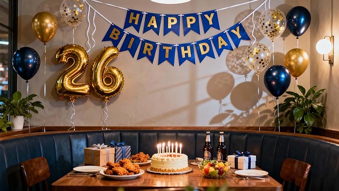 26th Birthday Party Decorations for Men, Navy Blue 26th Birthday Banner Gold Number 26 Foil Balloon Metallic Confetti Balloons for Him Her 26 Years Old Birthday Supplies(26th)