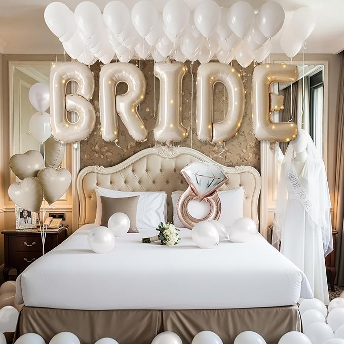 Cream White Bridal Shower party decorations with huge 40 Inch BRIDE letter Pearl Balloons BRIDE to be Sash Bridal Veil and Diamond Ring Heart shape Balloons For Bachelorette party Wedding supplies