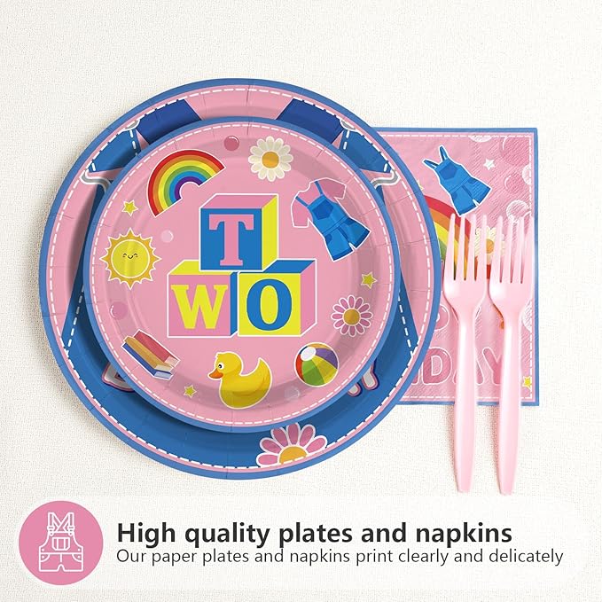 96Pcs 2nd Birthday Party Decorations Girls Pink Cartoon Teaching Plates and Napkins Cartoon English Teacher Theme Tableware Set for Girl Birthday Baby Shower Party Supplies，Serves 24