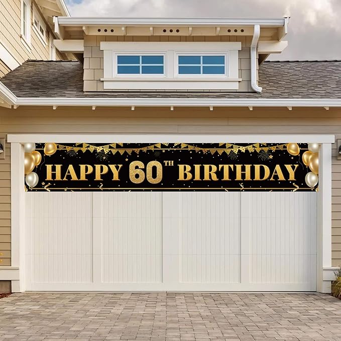 Large Happy 60th Birthday Decoration Banner, Black and Gold Happy 60th Birthday Banner Sign, 60th Birthday Party Decorations Supplies(9.8x1.6ft)
