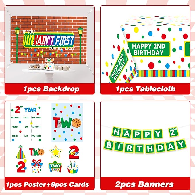 Happy 2nd Birthday Decorations for Baby - Friends 2nd Cookie Birthday Party Favor Red Brick Wall Street Party Supplies Includes Cake Topper Birthday Hat Backdrop Tablecloth Banner Arch Balloon