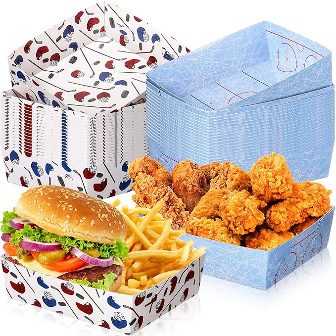 Teling 36 Pack Hockey Party Supplies Large 5 lb Hockey Plates Trays Bowls Paper Food Boats Disposable Nacho Serving Snack Trays for Sport Themed Birthday and Tailgate Party Decorations Favors