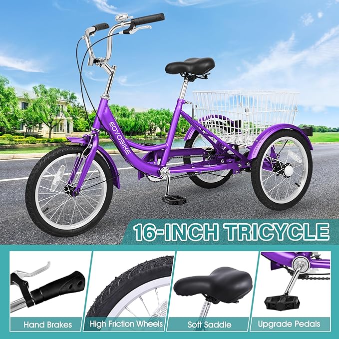 MOPHOTO 16 Inch Small Tricycle for Beginner Riders, Low Step-Through 3 Wheel Bike, Single Speed Trike with Hand Brakes, Adjustable Seat and Rear Basket, Fits Heights 3'9" to 4'9"