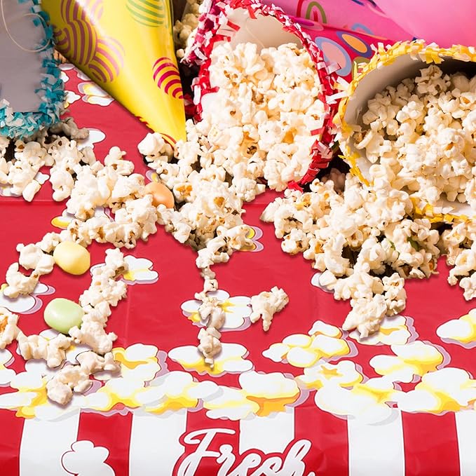 Breling 3 Pieces Popcorn Tablecloth 54 x 108 Inch Plastic Popcorn Table Cover Party Decorations Carnival Circus Movie Night Supplies Carnival Birthday Party Supplies Tablecovers
