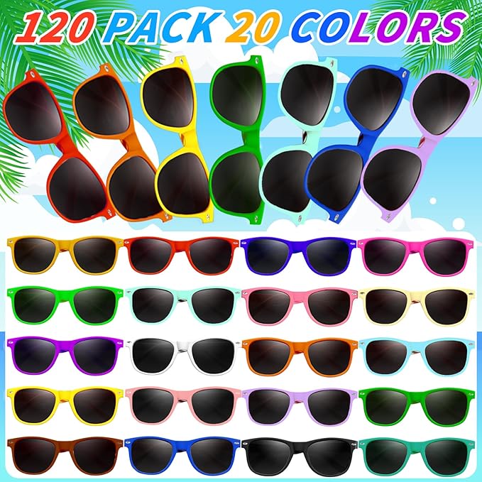 100 Pack 20 Color Neon Sunglasses Party Favors Bulk,80’s Retro Style Perfect Colorful Novelty Sun glasses Set for Birthday Party Supplies,Beach,Pool Party Favors,Goody Bag Favors for Kids Adults