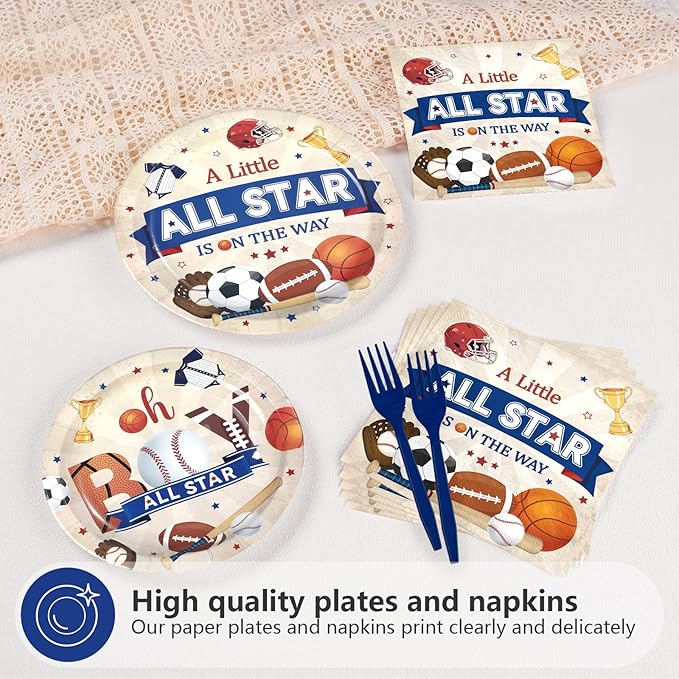 96Pcs Sports Baby Shower Party Supplies A Little All Star is On His Way Plates and Napkins Basketball Football Baseball Soccer Tableware Set for Boy Baby Shower Sports Supplies, Serves 24