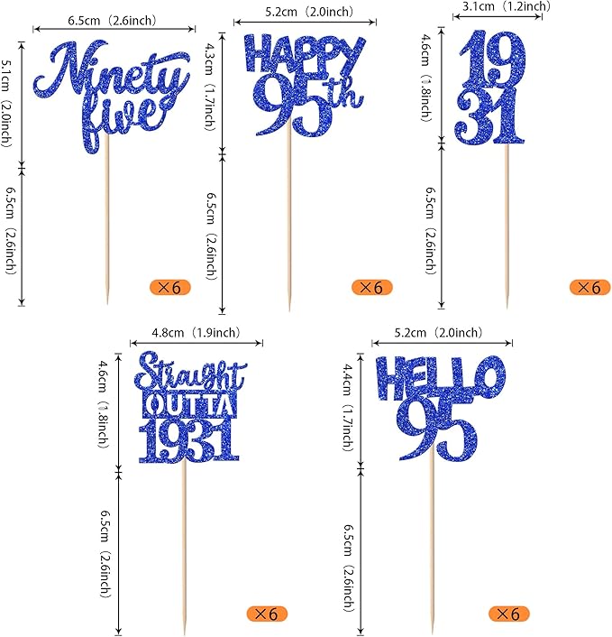 30 PCS 95th Birthday Cupcake Toppers Glitter Ninety Five Happy 95 Straight Outta 1931 Cupcake Picks for Cheers to 95 Fabulous 95th Birthday Anniversary Party Cake Decorations Supplier Blue