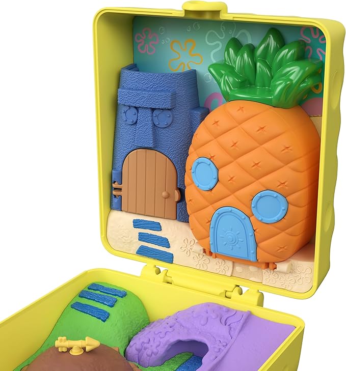 Polly Pocket x Spongebob Partnership Compact, Micro Spongebob & Patrick Dolls and Playset, 7 Accessories Including Pet Gary