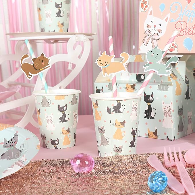 146Pcs Serves 16 Cat Theme Birthday Party Decorations Set,Kitten Disposable tableware,9in/7in Plates,Napkins,Cups,Knives,Forks,Spoons,Cupcake Toppers＆Wrappers Table Cover and Banner Party Favor.