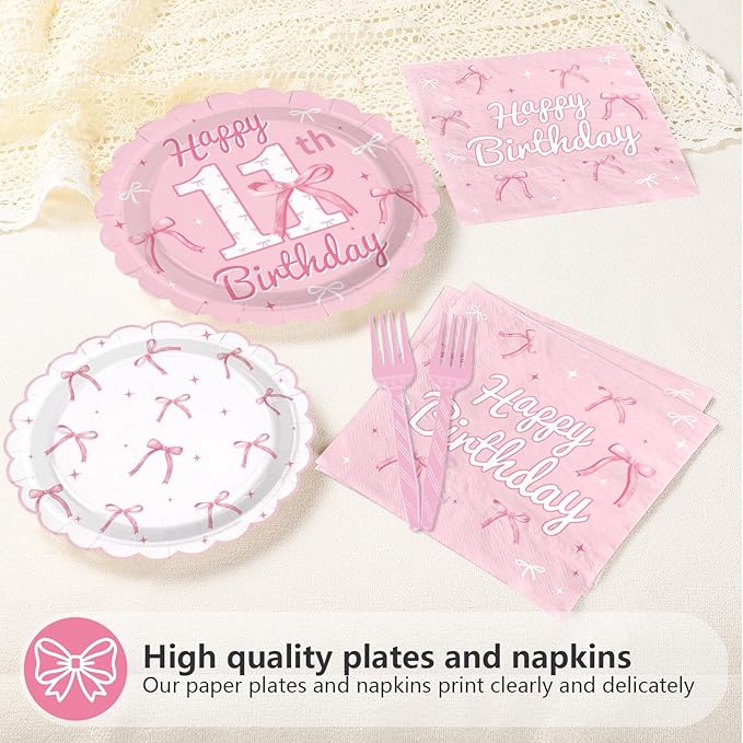 96Pcs Pink Bow Party Supplies Coquette 11th Birthday Party Plates and Napkins Disposable Bow Themed Tableware Set for Girl Happy 11th Birthday Baby Shower Decorations, Serves 24