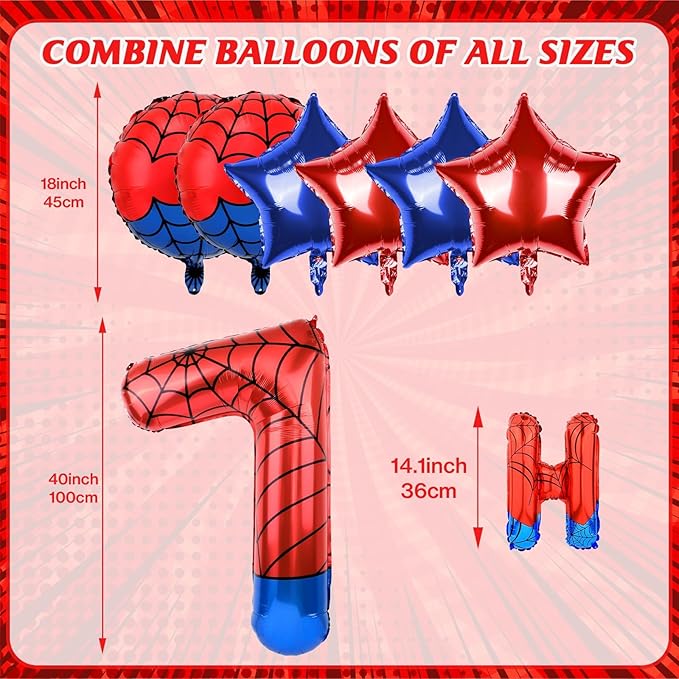 Spider Themed Happy Birthday Banner Party Decorations Set Including 40 Inch Number 7 Foil Balloons, Themed Party Essentials, Colorful Superhero Backdrop Supplies for Boys Indoor Outdoor Celebration