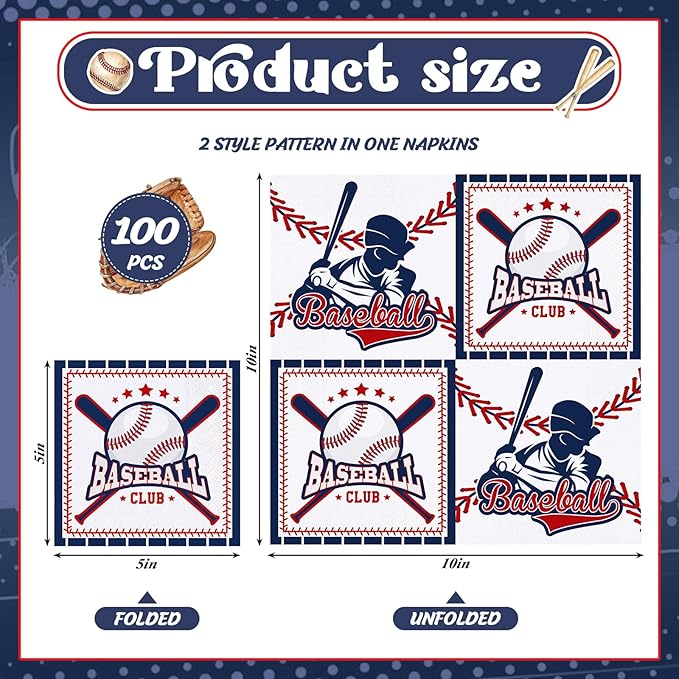 100 Pcs Baseball Napkins, 2-Ply Baseball Cocktail Napkins with 2 Different Pattern Baseballs Birthday Party Decorations for Sports Party, Baseballs Themed
