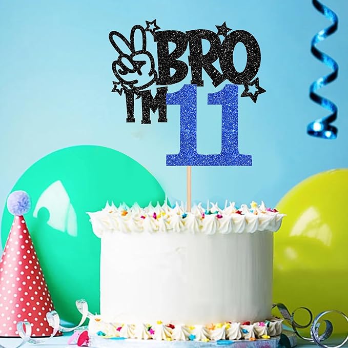 1 PCS Brother I'm 11 Cake Topper Glitter Star Happy 11th Birthday Cake Pick Bro I'm 11 Cake Decoration It's My 11th Birthday Decorations for Boys Cheers to 11 Years Old Birthday Party Supplies Blue