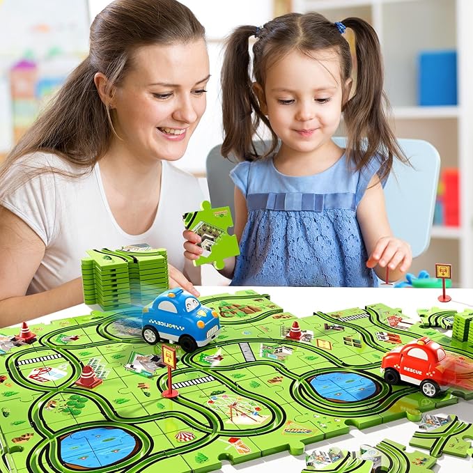 48PCS Puzzle Race Track Car Set for Toddlers Kids Boys, Toddler Toys Birthday Gifts for 3 4 5 6 Years Old Boys and Girls, Floor Puzzle Tracks Car Toys for Ages 3-5 4-6