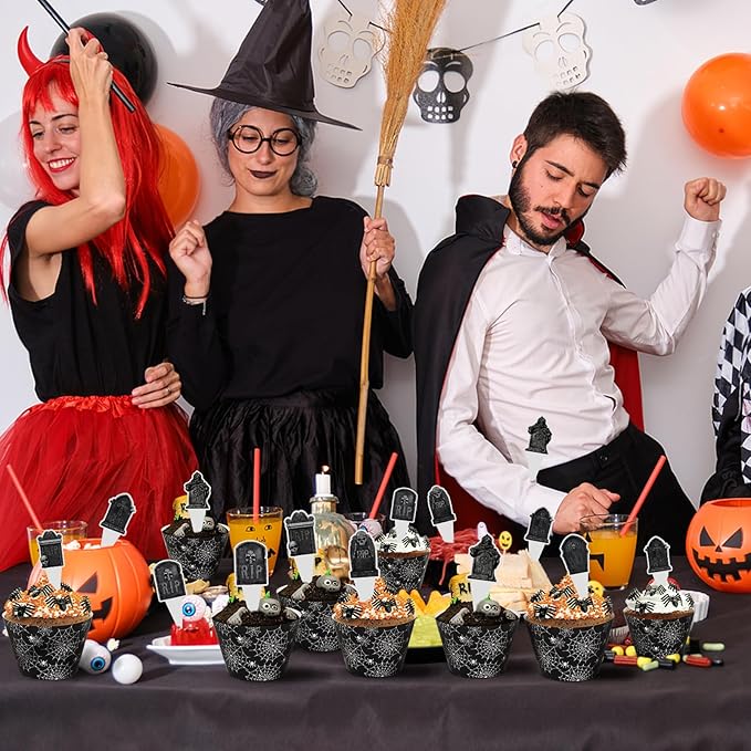 48 Pack Halloween Cupcake Toppers and Black Spider Web Wrappers, Tombstones Skeleton Cupcake Picks Decoration for Halloween Party Birthday Party Supplies