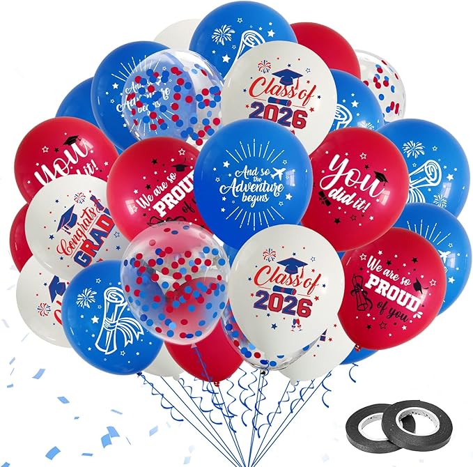 75Pcs Red and Blue Graduation Balloons Decorations Class of 2026 Graduation Party Supplies with Grad Balloon Ribbons for Grad Party Decoration