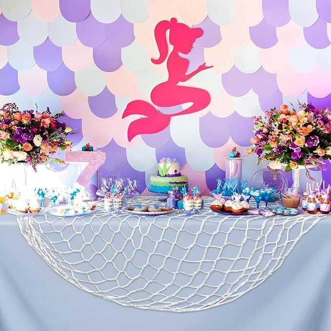 Unittype 8 Pcs Fish Net Decorative and Tablecloth Set, Cotton Fishnet and Plastic Table Cover Decorations Set for Nautical Themed Party Baby Shower Pirate Decorations Mermaid Party (Multiple Color)