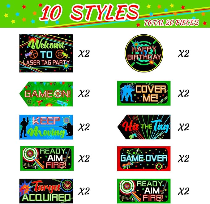 Gueevin 20 Pcs Party Supplies Decorations Home Sign Cutouts for Party Decorations Supplies(Laser Tag)