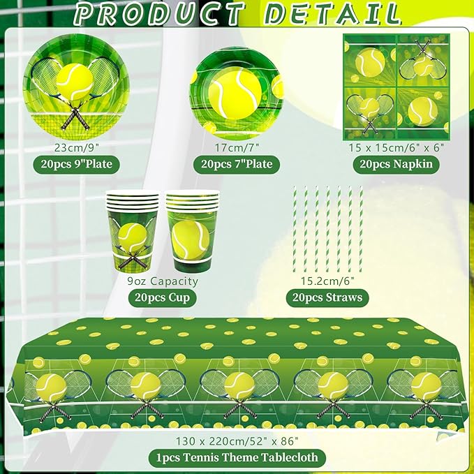 Tennis Party Decoration - Tennis Birthday Party Tableware Supplies Includes Plates, Cups, Napkins, Tablecloth, Straws (20)