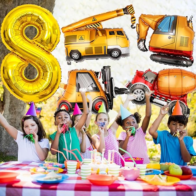 Construction Birthday Party Supplies 8 Year Old, Large Construction Balloons 40Inch Gold Number 6 Balloons Construction Truck Foil Balloons for Boys 8th Construction Birthday Party Decorations