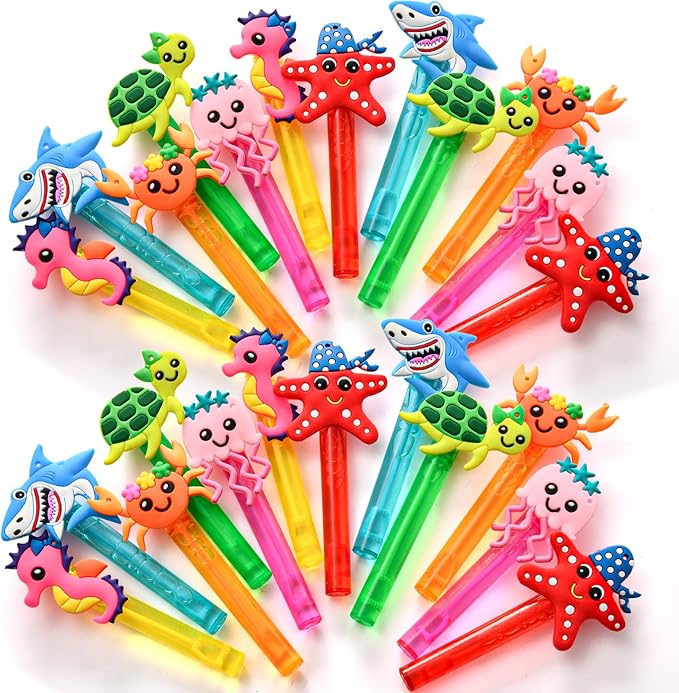 Winrayk Under the Sea Party Favors, 24Pcs Ocean Animal Mini Bubble Wands for Kids Bubbles Bulk with Detachable Topper (6 Styles & Colors), Summer Pool Beach Birthday Goody Bag Stuffer Classroom Prizes