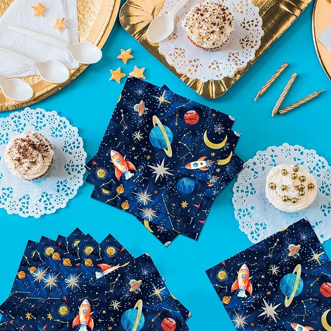 Outer Space Party Napkins, 40PCS Outer Space Napkins Disposable, Astronaut Partys Supplies Birthday Decorations, Rocket Ship Party Dinner Paper Napkins for Wedding, Theme Partys, Birthday, 6.5" x 6.5"