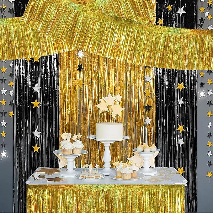 BEISHIDA 3 Packs 30 Feet Metallic Foil Fringe Garland Tinsel Streamers，Laser Gold Wall Hanging Tinsel Fringe Banners for Wedding Birthday Party Decoration Halloween Christmas New Year