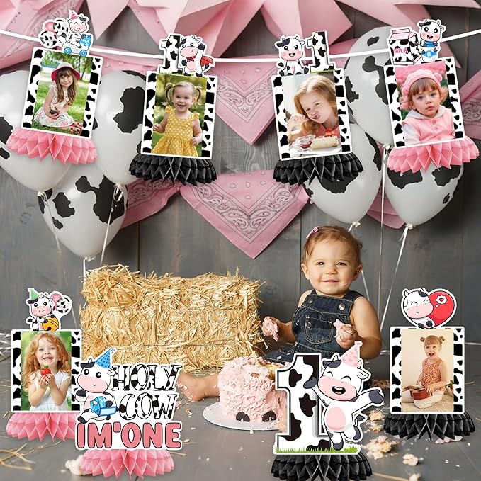Holy Cow I'm One Birthday Decorations, Cow First Birthday Honeycomb Centerpiece Party Decoration, Baby 1st Birthday Cow Themed Photo Table Centerpiece Party Supplies