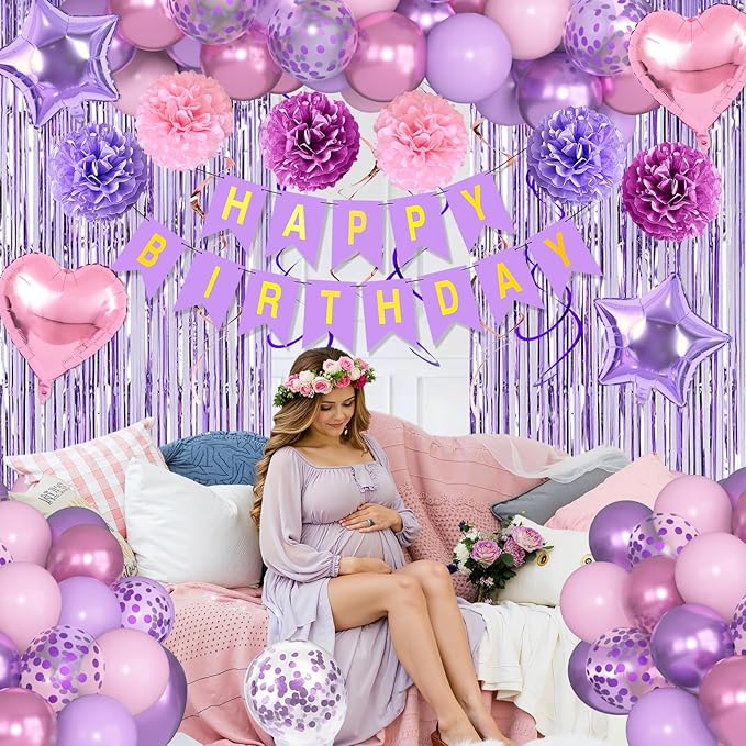 Ouddy Life Purple Pink Birthday Party Decorations for Women Girls, Butterfly Heart Foil Confetti Balloons Happy Birthday Banner Fringe Curtains Hanging Swirls Sash Crown Paper Poms Decor