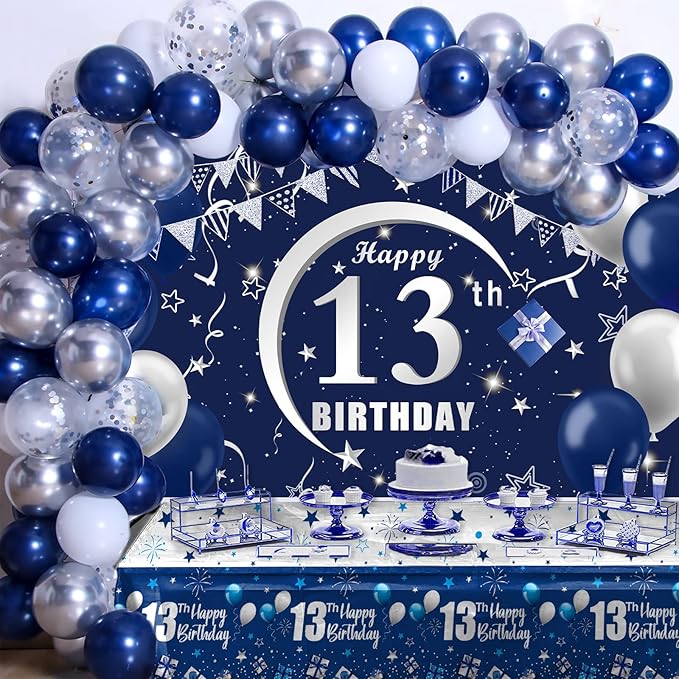 Navy Blue 13th Birthday Decorations for Boys and Girls, Happy 13th Birthday Backdrop, Tablecloth, Balloons Garland Arch Kit - 13th Birthday Banner Party Supplies Bday Decor for Sweet 13 Year Old Teen