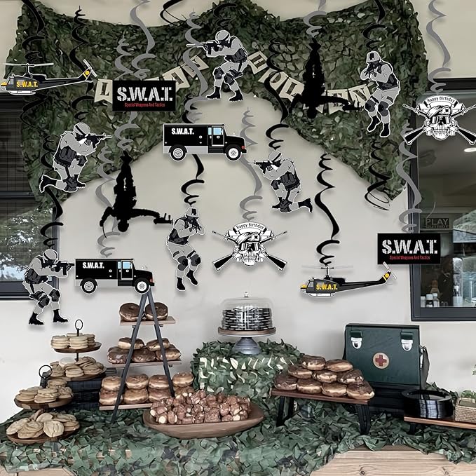 SWAT Theme Hanging Swirl Birthday Party Decors Special Forces Party Dizzy Danglers Military Ceiling Streamers Party Supplies for Adults Pretend Play Role Play Party Birthday