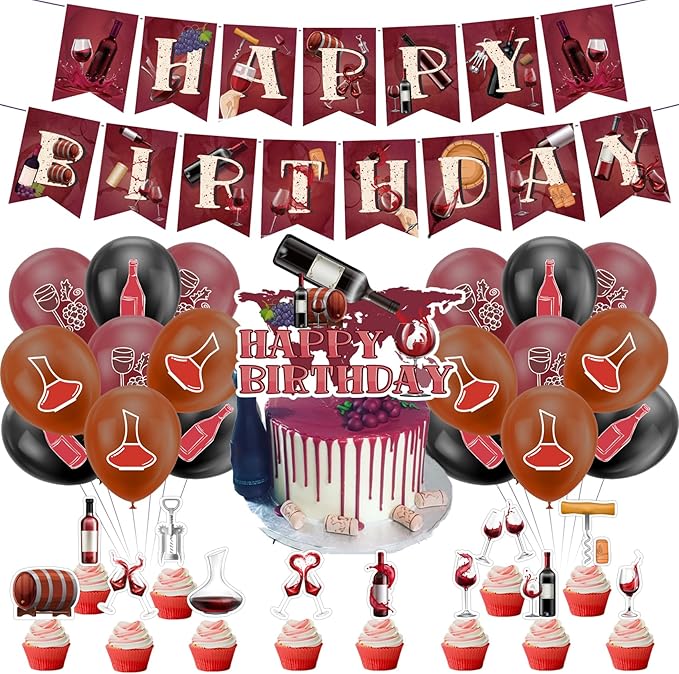 Red Wine Party Decorations Birthday Decorations Includes Red Wine Happy Birthday Banner Cake Topper Cupcake Toppers Balloons for Wine Party Supplies Men Women Birthday Party