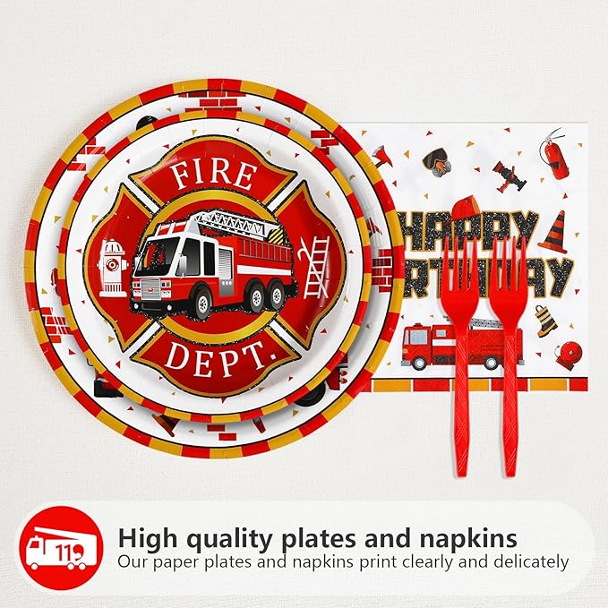 Grencian 96Pcs 5th Fire Truck Birthday Party Supplies Sound the Alarm 5th Birthday Plates and Napkins Tableware Set Red White Decoration for 5 Years Old Fire Theme Fireman Firetruck Serve 24
