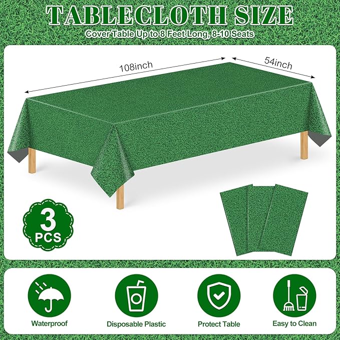 3 Pack Green Grass Field Plastic Tablecloth, 54 x 108 Inch Golf Table Cloth Disposable Tablecloths for Rectangle Tables Waterproof Sports Theme Table Cover for Golf Football Birthday Party Supplies