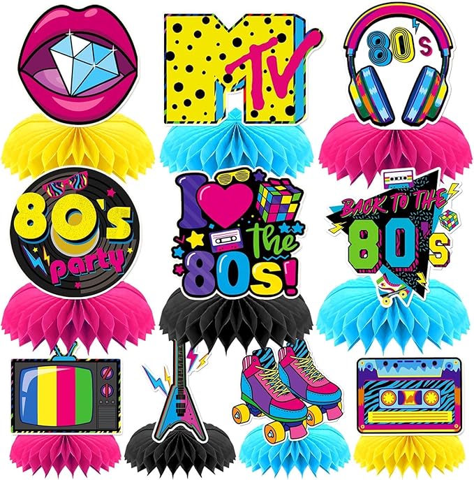 10 Pcs 80s Party Decorations, 1980s Table Honeycomb Centerpieces Back to the 80s Decor for Retro Party Photo Props Birthday Wedding Anniversary Favors Supplies