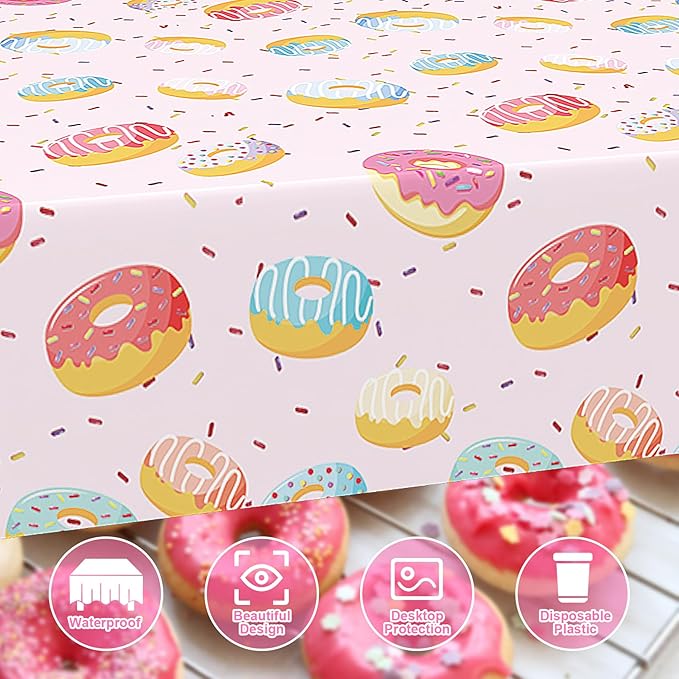 3 Pcs Donut Plastic Tablecloth, 51 x 86 Inch Donut Party Table Cover, Donut Party Decorations, Suitable for Donut Theme Birthday Party Supplies
