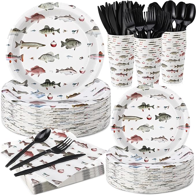 350 Pcs Fishing Party Supplies Tableware Set Disposable 9'' 7'' Paper Plates 9 oz Cups Cutlery Napkins Dinnerware Set for 1st Birthday, Serve 50 (Fishing Birthday, White, Red)