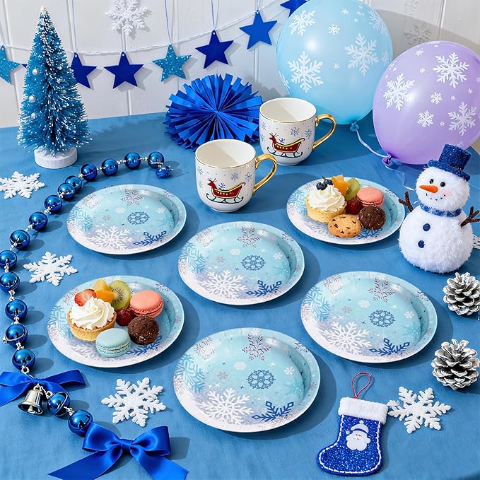 50Pcs Winter Frozen Snowflake Paper Plates 7 Inch Heavy Duty Snowflake Dessert Plates Winter Blue Wonderland Disposable Plate for Girls Winter Xmas Holiday Frozen Birthday Party Decorations