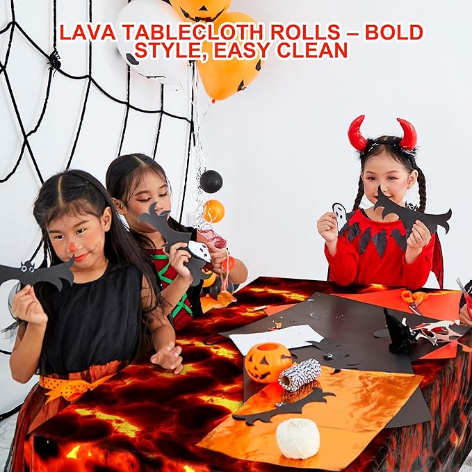 Kochorie Lava Tablecloth Roll with Cutter Box 100 Ft X 54 Inch Frame Volcano Table Cover Disposable Hot Lava Plastic Party Supplies for Volcano Dinosaur Theme Party Halloween Game Decorations