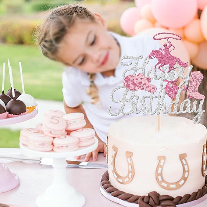 1 PCS Cowgirl Happy Birthday Cake Topper - Silver Glitter Western Hat Boot Disco Pick Decoration for Theme Women Party Supplies