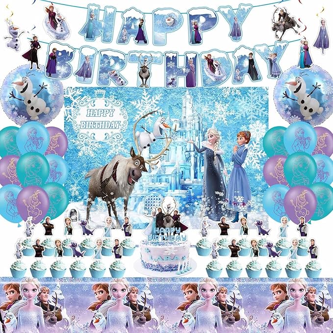 51Psc For Frozen theme party setup, easy to assemble decorations, including children's DIY cake toppers and background cloth sets, perfect for children's birthday parties.